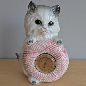 Vintage Ceramic Cat With a Ball of Yarn Figurine Room Thermometer, Japan